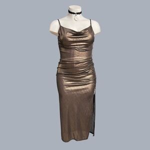 Bronze Metallic Cowl Neck Ruched Midi Dress XLARGE Bodycon Formal Sexy Party